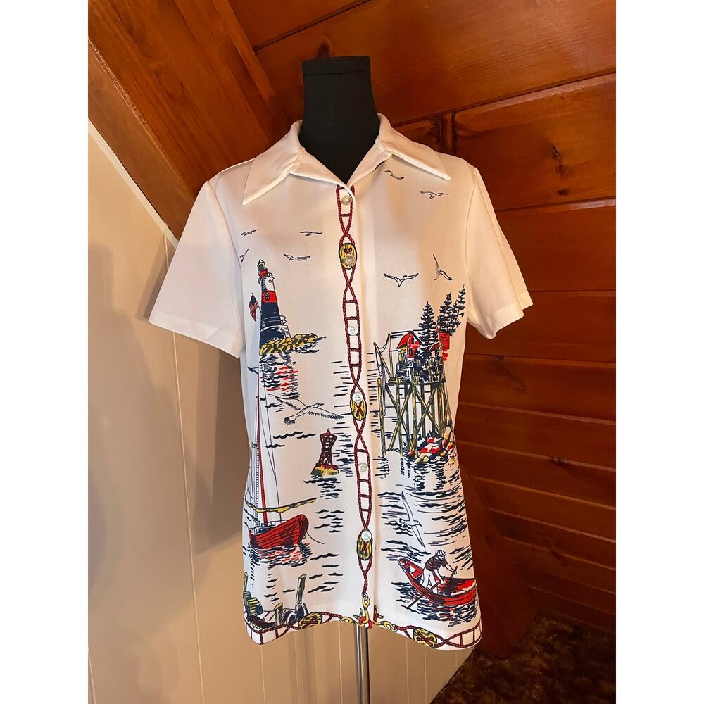 Vintage 60s 70s Polyester All Over Print Shirt of Coastal - Sailing Scene sz XL